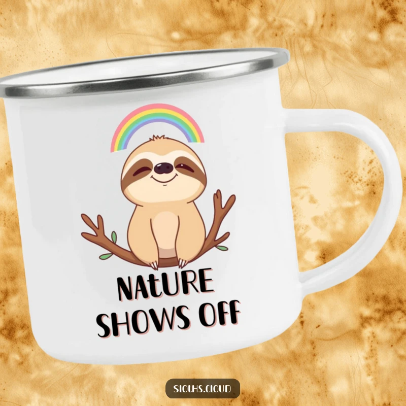 Funny camping mug showing a serene sloth smiling at a tiny rainbow, perfect for enjoying drinks during peaceful outdoor activities.