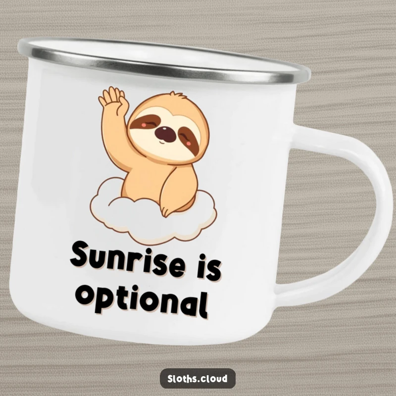 Funny Camping Mug: A sleepy sloth waves gently from a cloud, perfect for enjoying drinks outdoors with humorous, relaxed vibes.