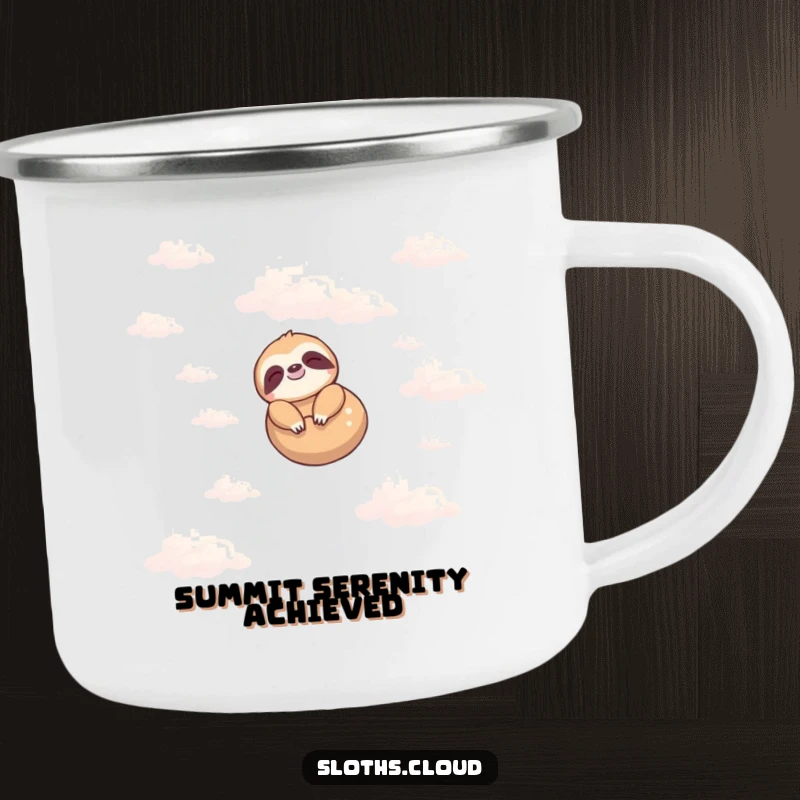 Funny enamel camping mug featuring a tranquil sloth floating peacefully in a cloudy sky, perfect for outdoor humor.
