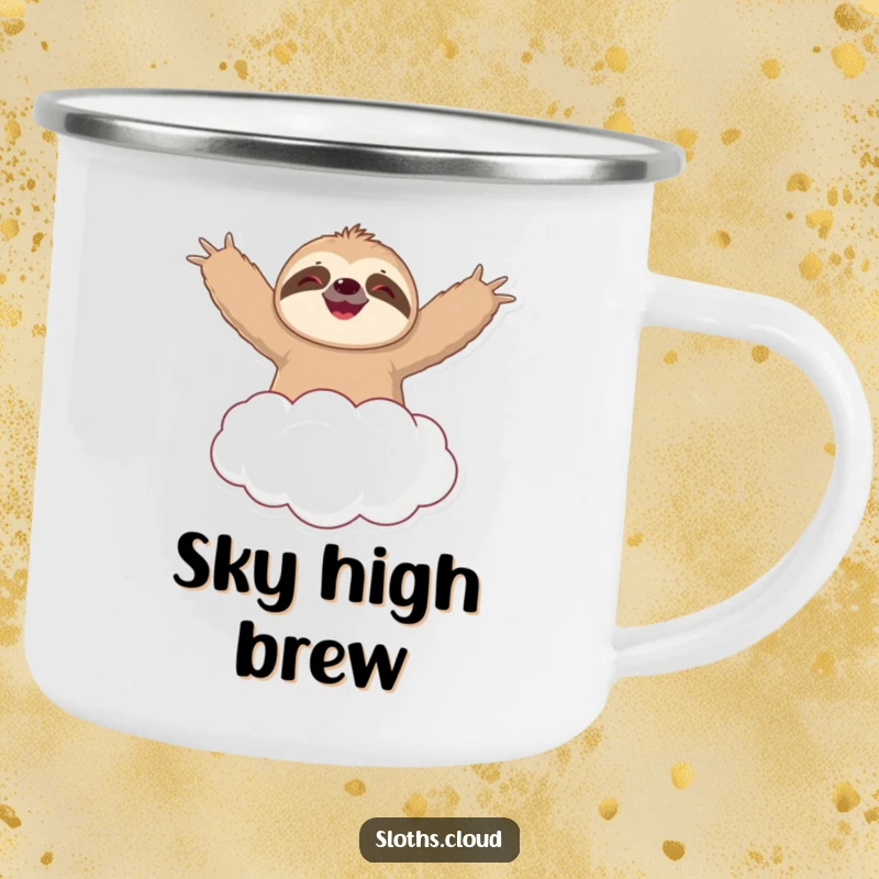 Funny camping mug with a happy sloth floating on a cloud, arms spread wide, perfect for enjoying the outdoors with a smile.