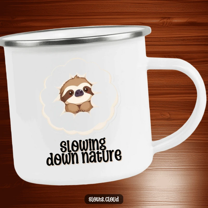 Funny Camping Mug featuring a content sloth peeking from a cloud, great for enjoying drinks outdoors with a humorous twist.