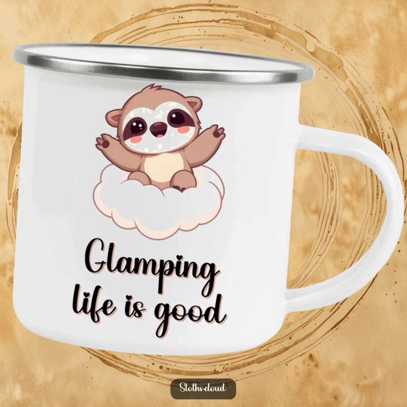 Funny camping mug featuring a kawaii sloth waving from a cloud, perfect for outdoor adventures with a cheerful and relaxed design.
