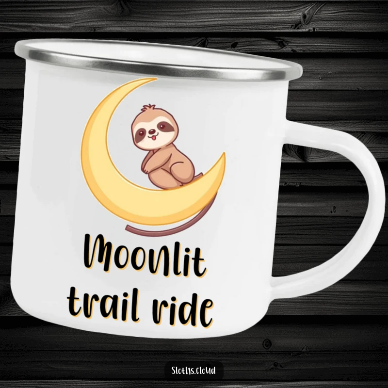 Funny camping mug with a sloth gently riding a crescent moon like a slow roller coaster, perfect for cosmic relaxation.