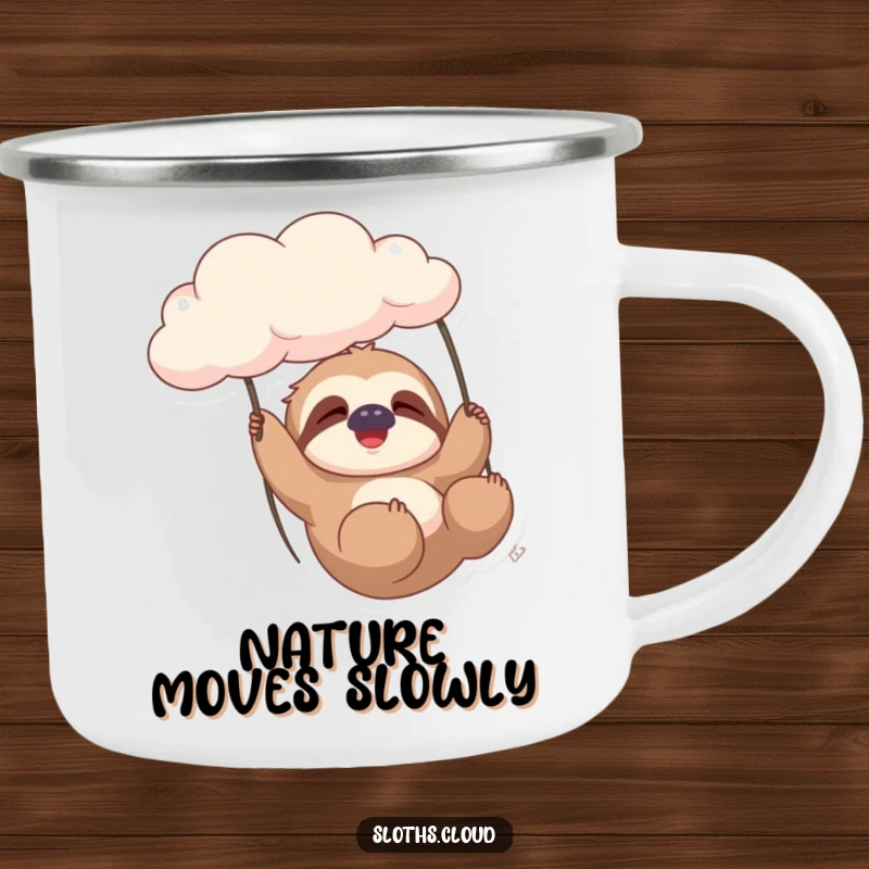 Funny sloth gently swinging from a cloud in a camping setting, conveying relaxation and humor on a sturdy camping mug.