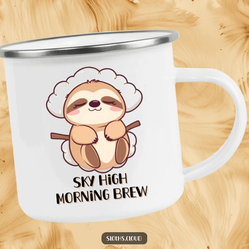 Funny sloth camping mug, eyes closed, carried by a cloud. A durable, humorous mug for outdoor enthusiasts who embrace a slow pace.