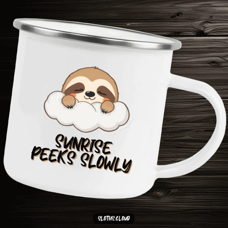 Funny camping mug with a sleepy sloth peeking from behind a cloud, ideal for relaxed outdoor mornings.
