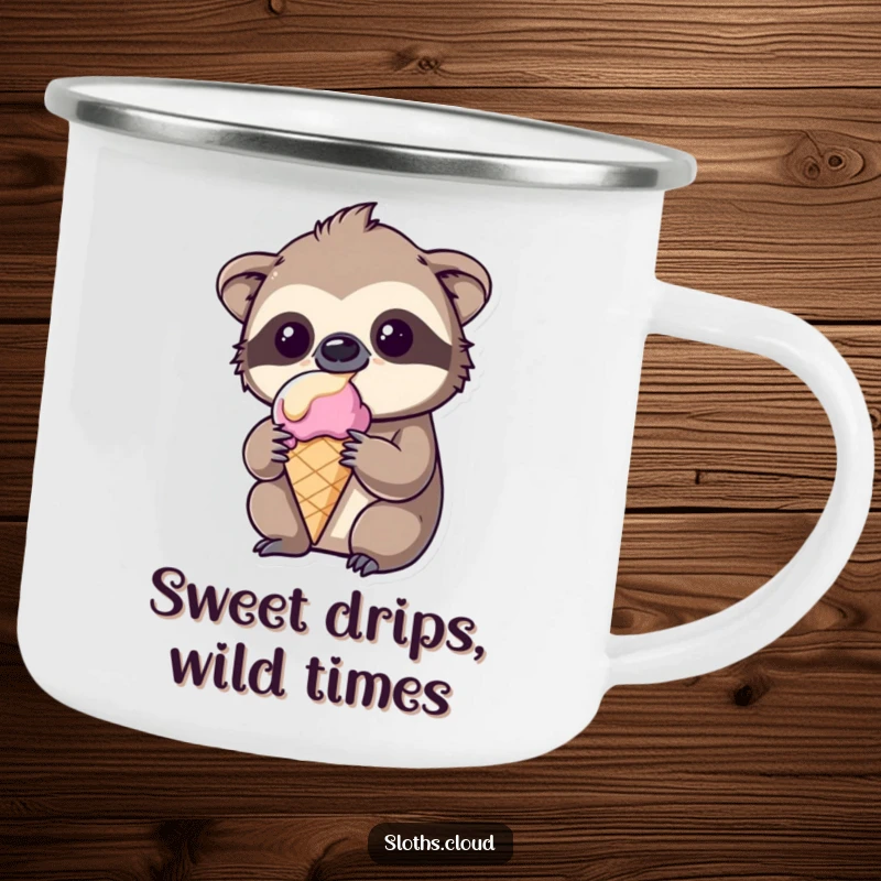Funny kawaii sloth camping mug, amused expression, melting ice cream, rugged and humorous drinkware.