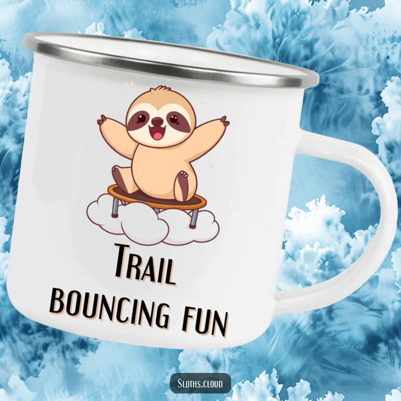 Funny camping mug with a happy sloth bouncing on a cloud, ideal for energetic outdoor moments.