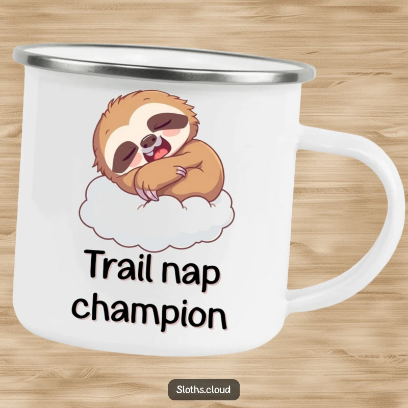Funny camping mug with a yawning sloth napping on a cloud, ideal for enjoying warm drinks during outdoor adventures.