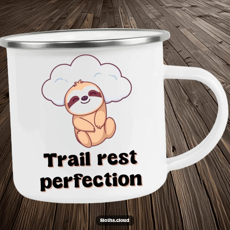 Funny camping mug featuring a sloth dangling from a cloud, perfect for outdoor adventures with a peaceful and relaxed design.