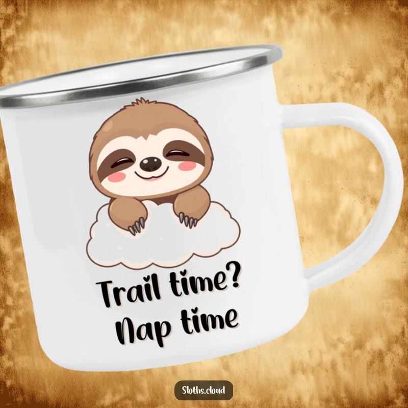 Funny camping mug featuring a cute sloth peeking over a cloud with a sleepy grin, perfect for rustic humor and warm drinks.