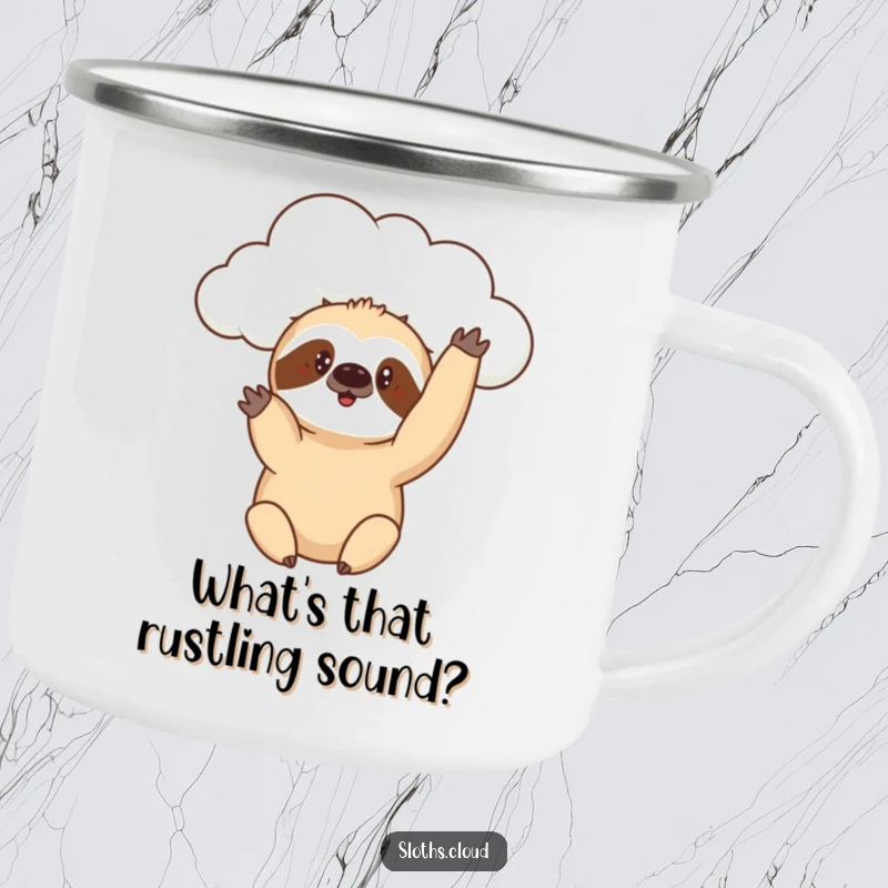 Funny camping mug featuring a sloth reaching a paw from a cloud with a curious expression, bringing playful humor to the outdoors.