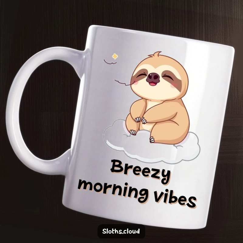 Funny mug depicting a content sloth enjoying a gentle breeze while resting on a soft cloud, conveying peacefulness.