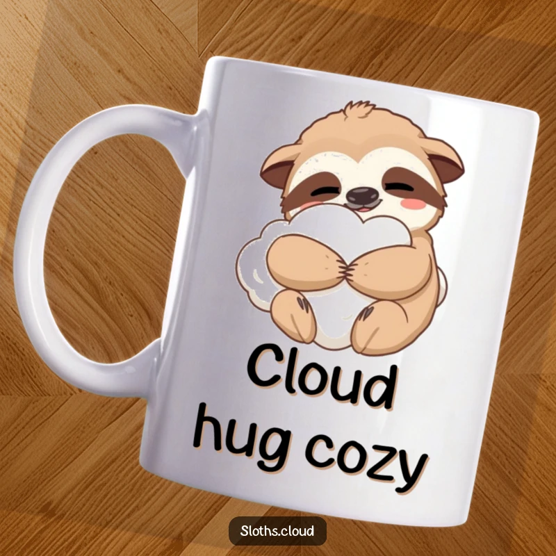 Funny mug with a contented sloth hugging a fluffy cloud, representing comfort, happiness, and humor.