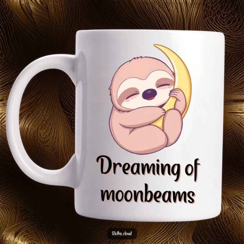 Funny mug depicting a serene sloth gently hugging a crescent moon with closed eyes, evoking peaceful sleep and nighttime magic.