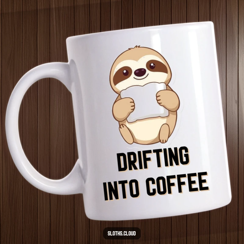 Funny Mug: A sloth drifts through the air holding a tiny, fluffy pillow, embodying serene sleep and humorous comfort.