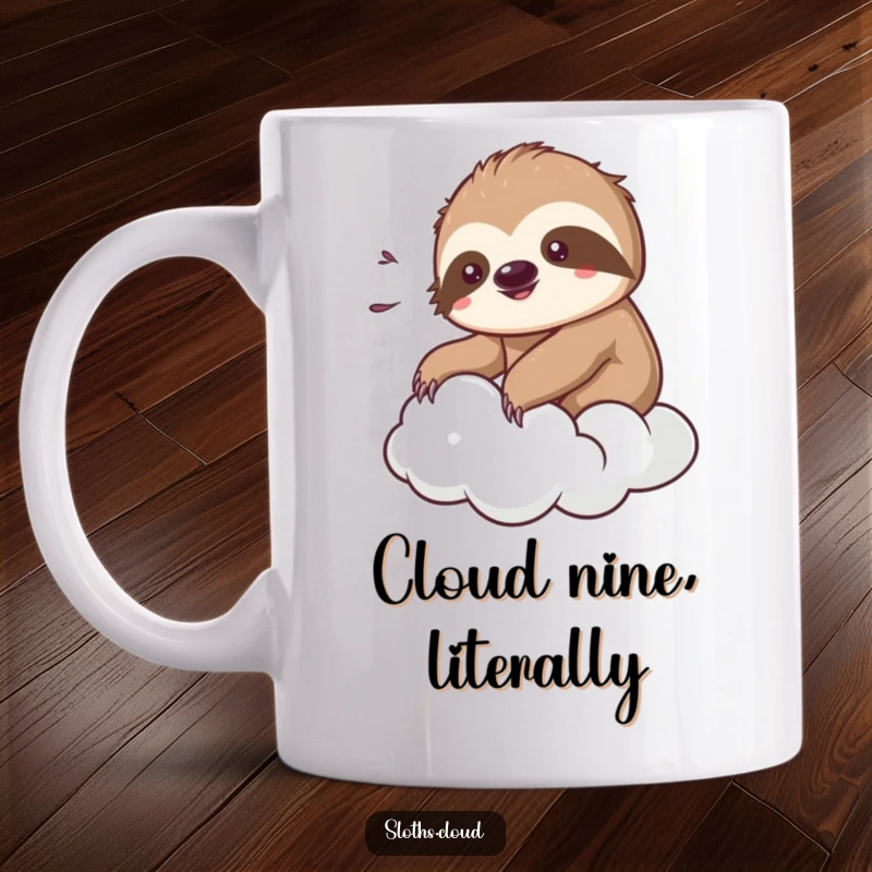 Funny kawaii sloth mug depicting a cute sloth lounging contentedly, enjoying a gentle breeze while floating on a soft cloud.