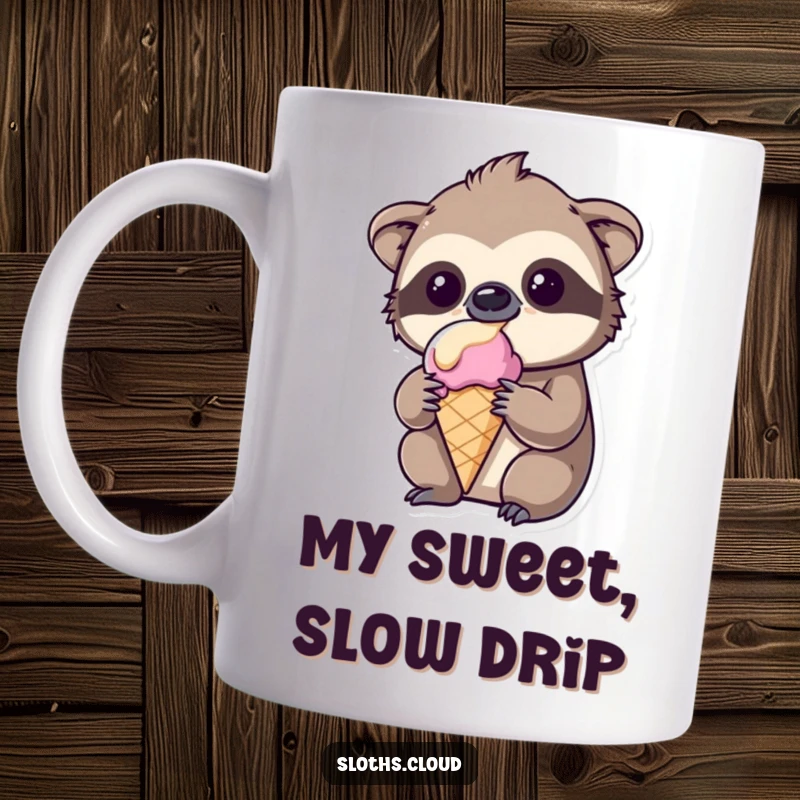 Funny kawaii sloth mug, amused expression, melting ice cream cone, slow and funny morning treat.