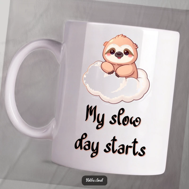 Funny mug featuring a kawaii sloth smiling serenely while floating on a fluffy cloud, perfect for relaxation humor.