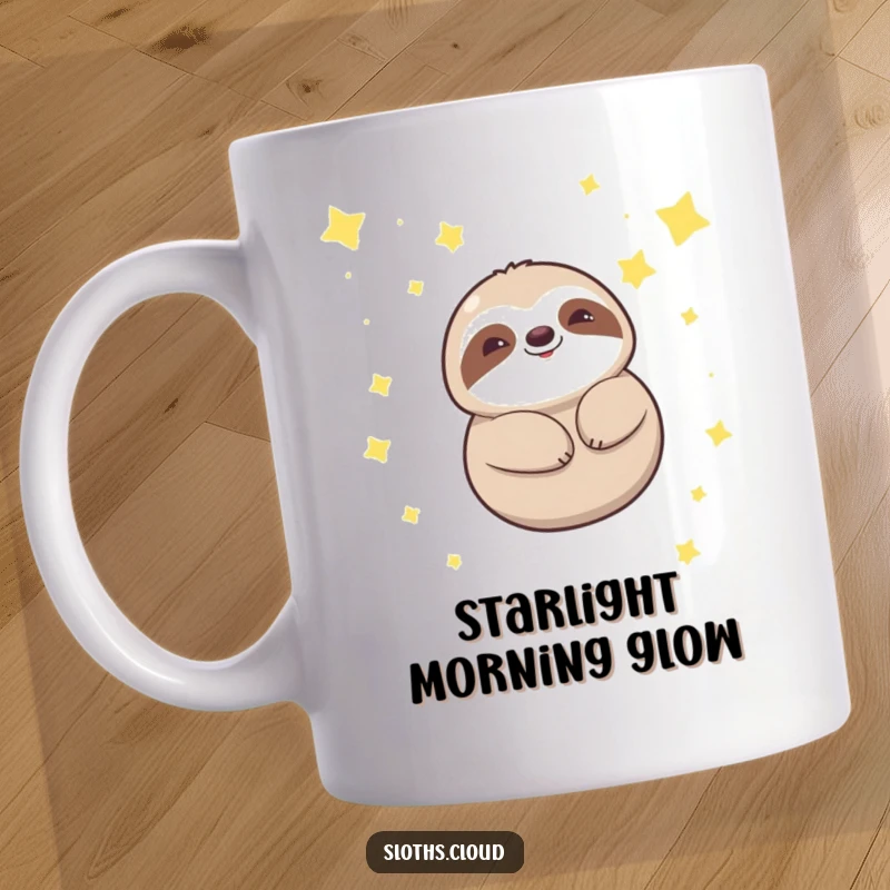 Funny kawaii sloth mug with a cute sloth smiling serenely while floating amongst twinkling stars, embodying peaceful cosmic dreams.