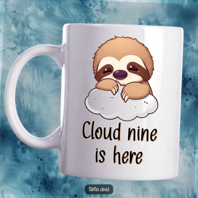 Funny coffee mug showing a playful sloth gently nudging a soft, fluffy cloud with its nose, evoking whimsical dreams.