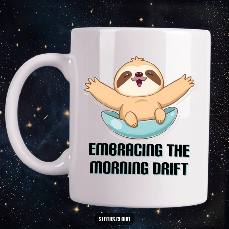 Funny mug depicting a happy sloth with arms spread wide, joyfully floating, embodying ultimate relaxation and a carefree spirit.