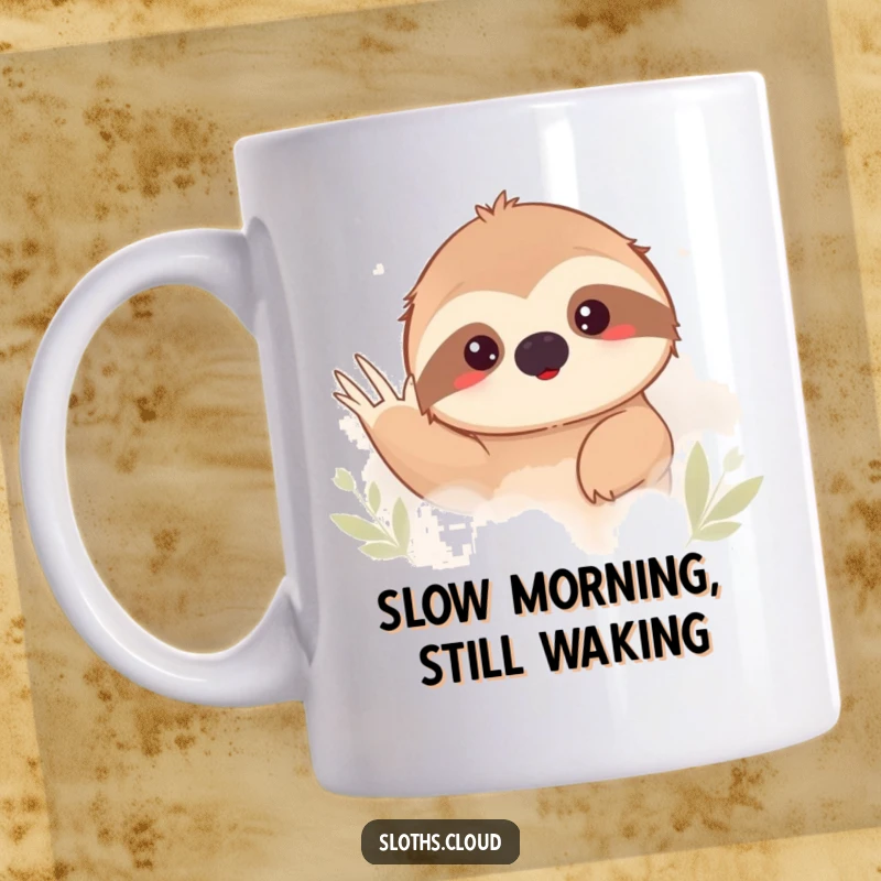 Funny sloth peeking shyly from behind a dense fog bank, waving gently. This mug is a humorous gift for introverts.