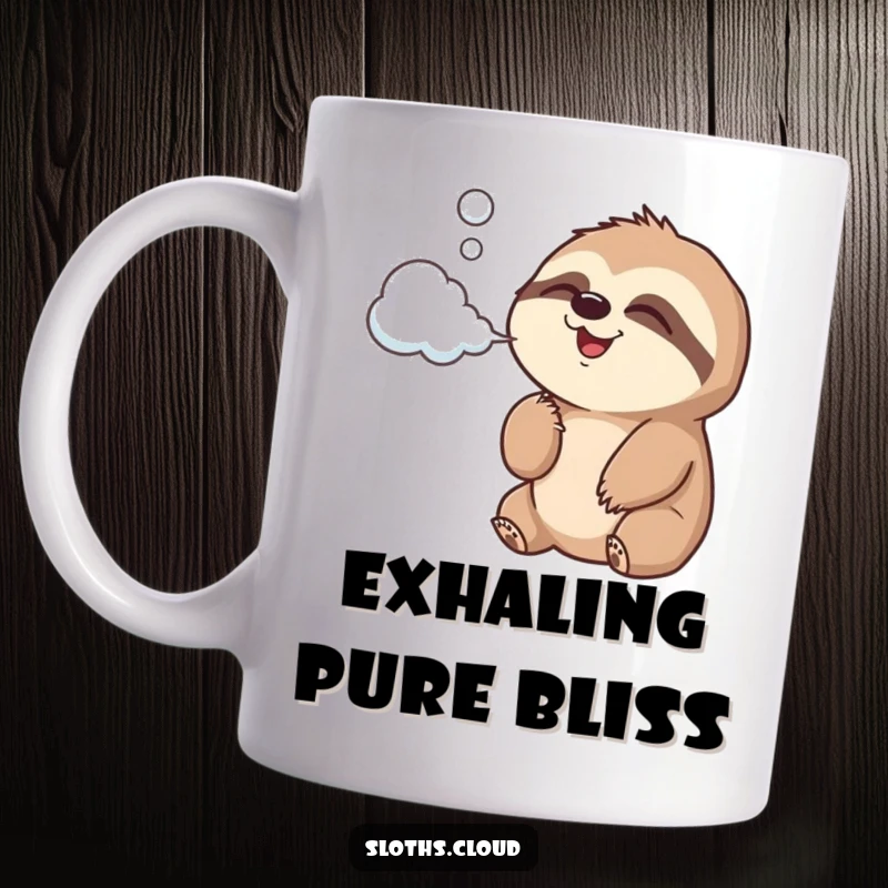 Funny Mug featuring a joyful sloth blowing a puff of cloud-shaped air, radiating happiness and gentle whimsy.