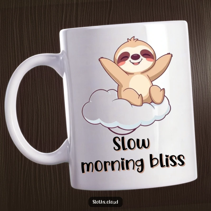 Funny Mug: A sloth bounces playfully on a springy cloud with a blissful expression, conveying ultimate relaxation and joy.