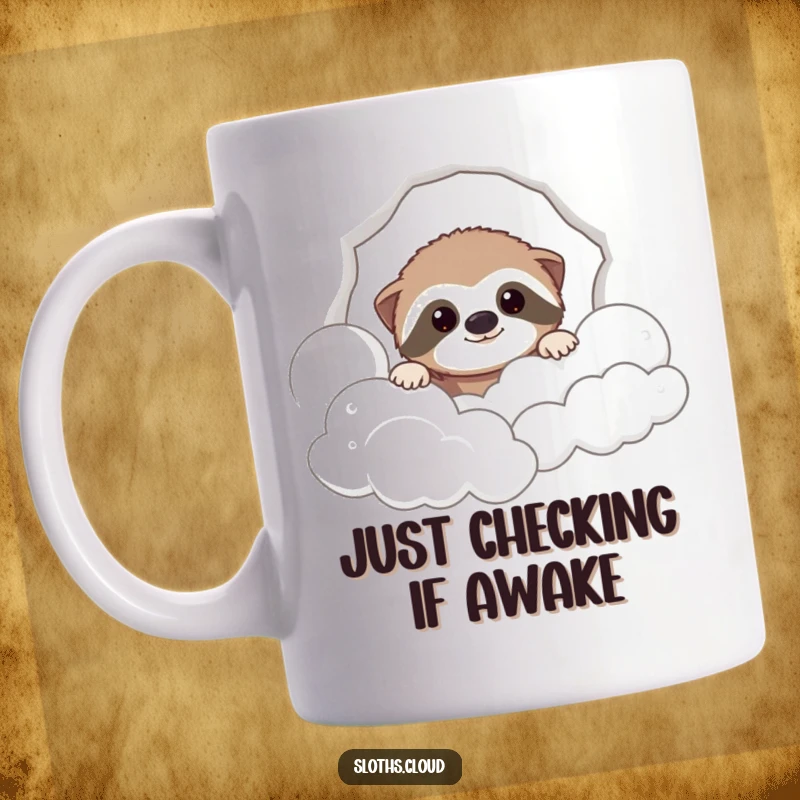 Funny mug showing a cute sloth peeking from behind fluffy white clouds, embodying a playful and curious personality.