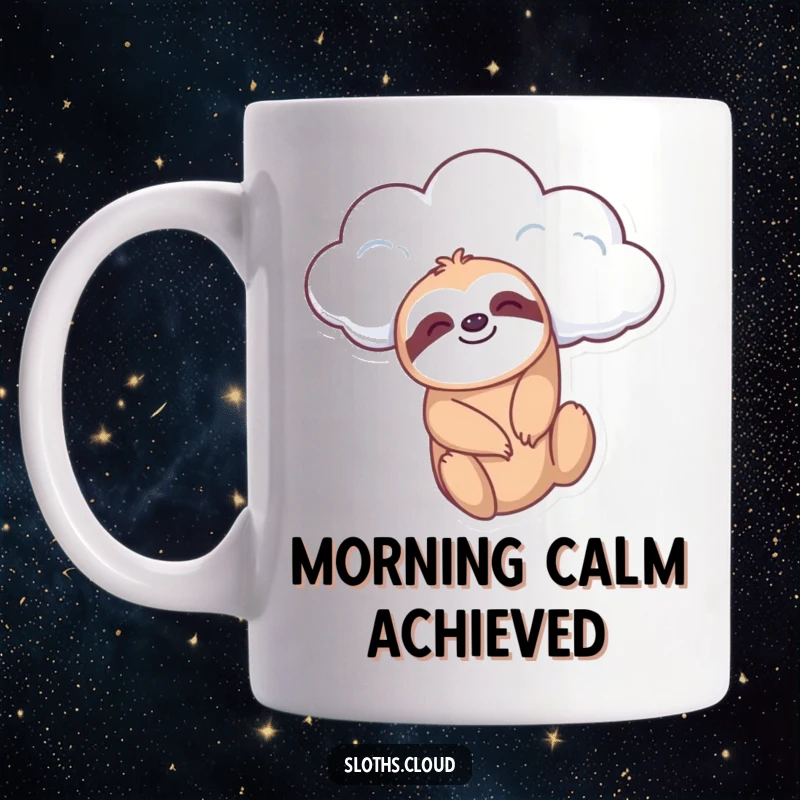 Funny mug with a calm sloth dangling from a fluffy cloud, evoking feelings of peace, contentment, and gentle leisure.