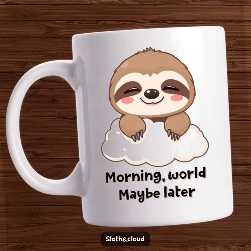 Funny mug featuring a cute sloth peeking over a cloud with a sleepy, contented grin, embodying pure morning laziness.