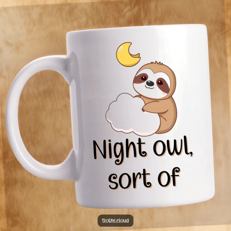 Funny mug shows a sloth and a smiling moon sharing a cloud, a heartwarming and humorous design.