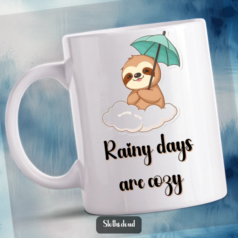 Funny sloth character holding a tiny umbrella while drifting on a cloud, looking calm and prepared, on a quirky mug.