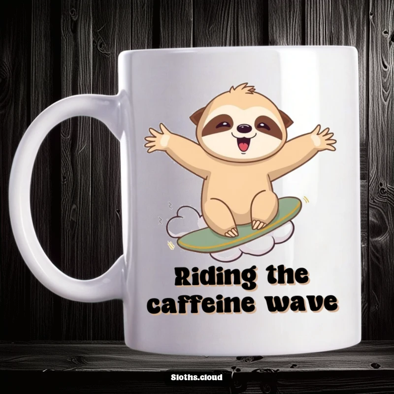 Funny mug showing an ecstatic sloth bravely surfing on a wispy cloud, arms outstretched, enjoying the exhilarating ride with pure joy.