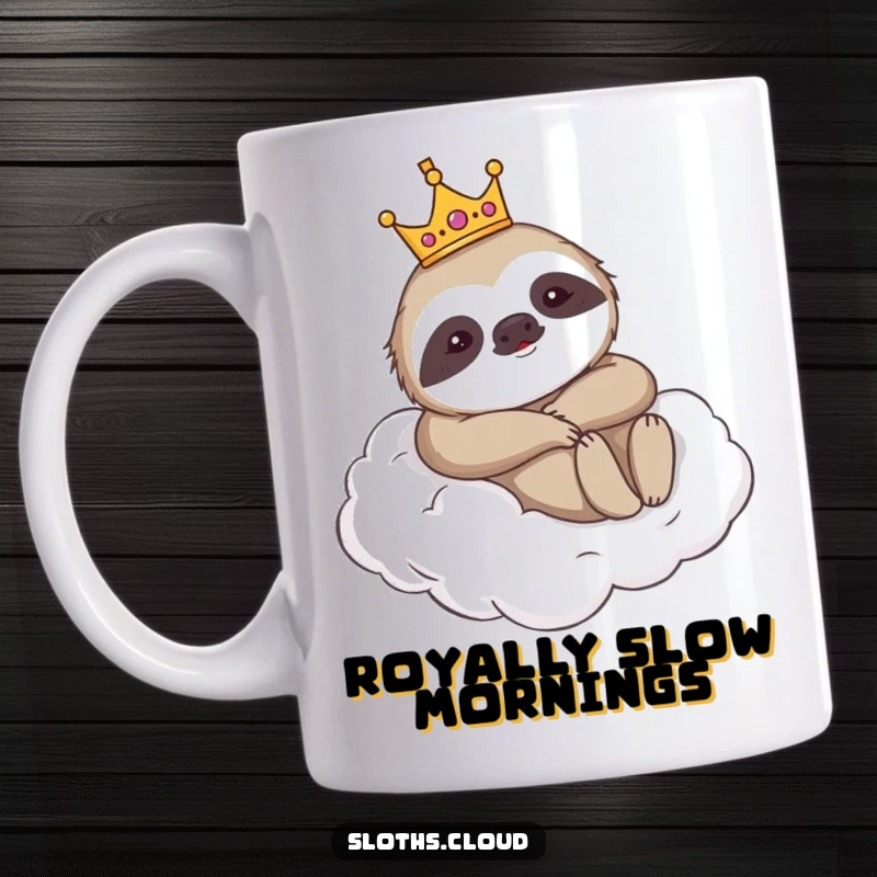 Funny mug with a cute sloth wearing a small crown, lounging regally on a fluffy cloud, exuding humorous majesty and comfort.
