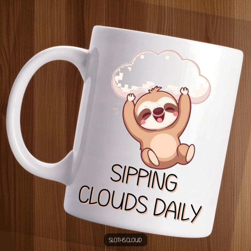 Funny mug featuring a sloth happily dangling from a cloud with a contented sigh, perfect funny gift.