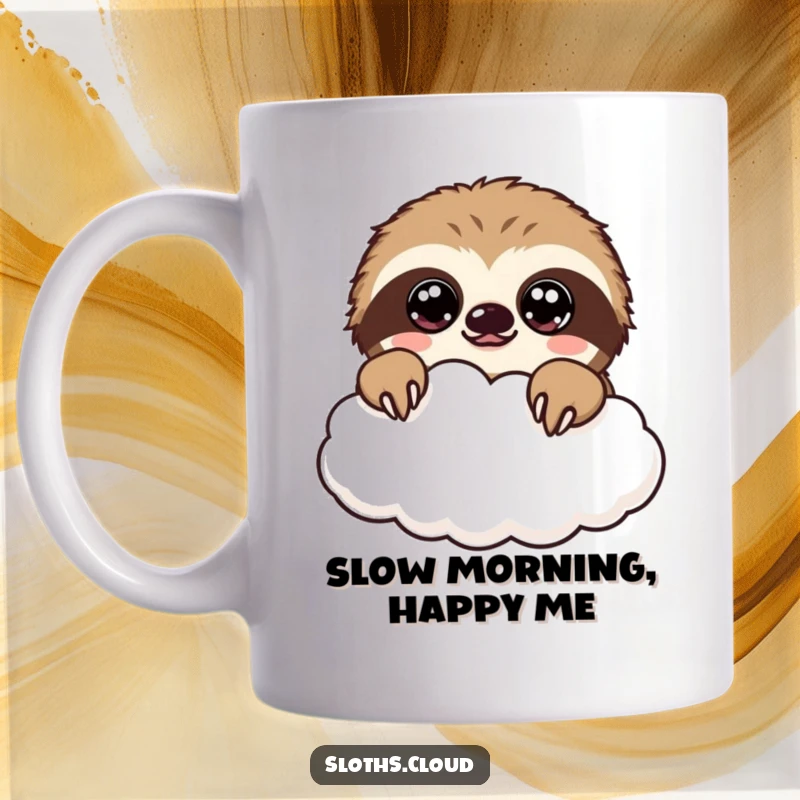 Funny kawaii sloth mug with a cute sloth peeking over a fluffy cloud, eyes wide with wonder.