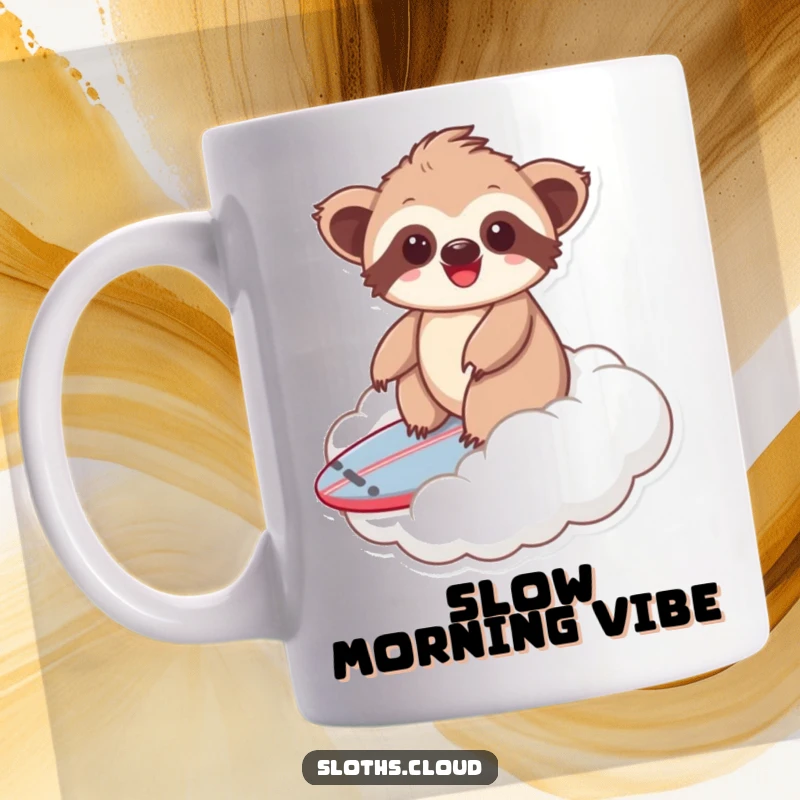Funny kawaii sloth mug with a cute sloth joyfully surfing on a fluffy cloud like a surfboard, embodying carefree fun.