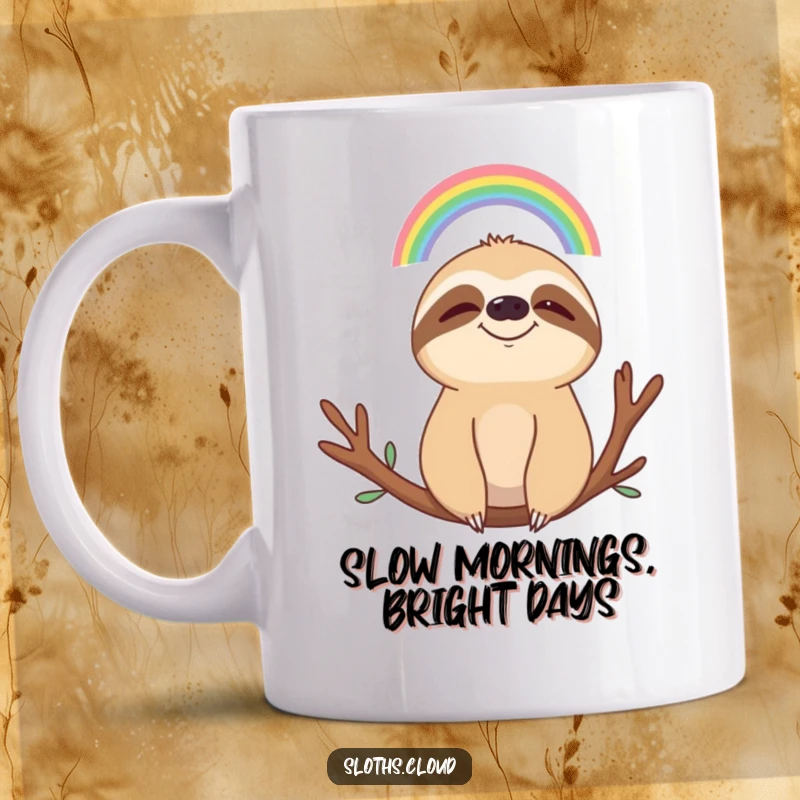 Funny coffee mug with a smiling sloth peacefully observing a small, vibrant rainbow overhead, embodying calm and optimism.