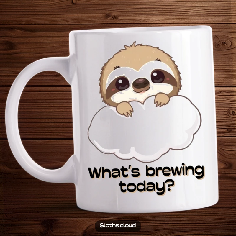 Funny sloth mug peeking from behind a fluffy cloud, with curious eyes. A humorous and engaging design for playful observation.
