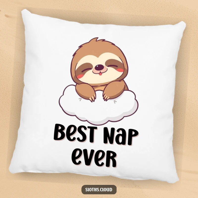 Funny pillow depicting a sloth with a huge, sleepy grin floating on a cloud, offering maximum comfort and cheerful humor.