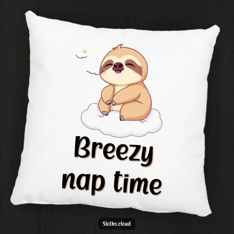 Funny pillow featuring a sloth relaxing in a gentle breeze on a soft cloud, designed for comfort and humorous peace.