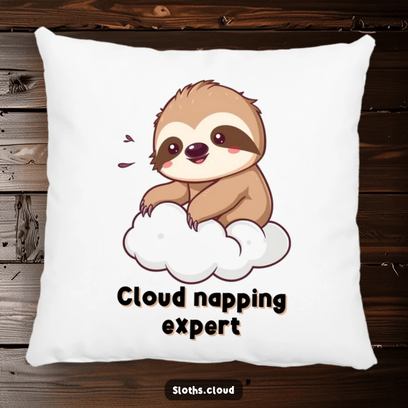 Funny kawaii sloth pillow showing a cute sloth peacefully enjoying a gentle breeze while resting on a soft cloud, perfect for comfort.