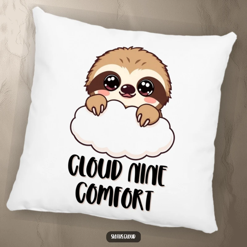 Funny kawaii sloth pillow with a cute sloth peeking over a cloud, perfect for adding cuteness to any room.