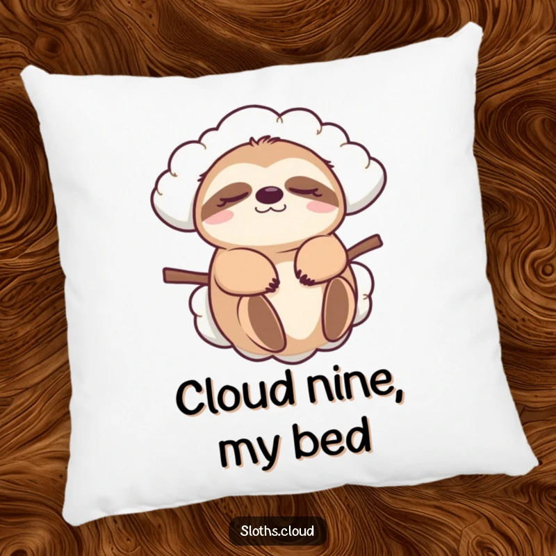 Funny sloth pillow, eyes closed, being carried by a cloud. A soft, humorous decorative item for ultimate relaxation and sleep.