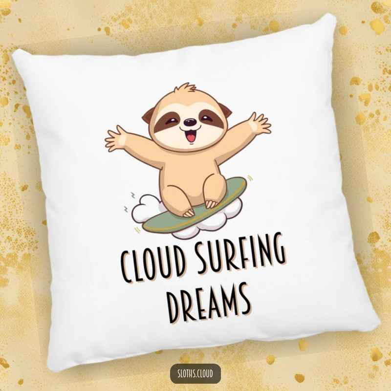 Funny pillow showcasing a joyful sloth riding a cloud like a surfboard, arms outstretched, adding a dynamic and fun element.