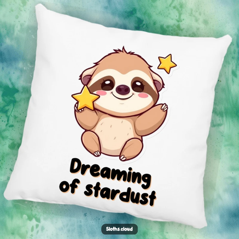 Funny kawaii sloth pillow with a cute sloth grinning silly while tossing a star, perfect for adding cheer.