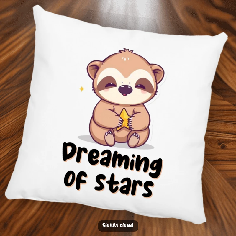 Funny pillow featuring a giggling sloth playing with a small star, offering plush comfort and a dose of cheerful fun.
