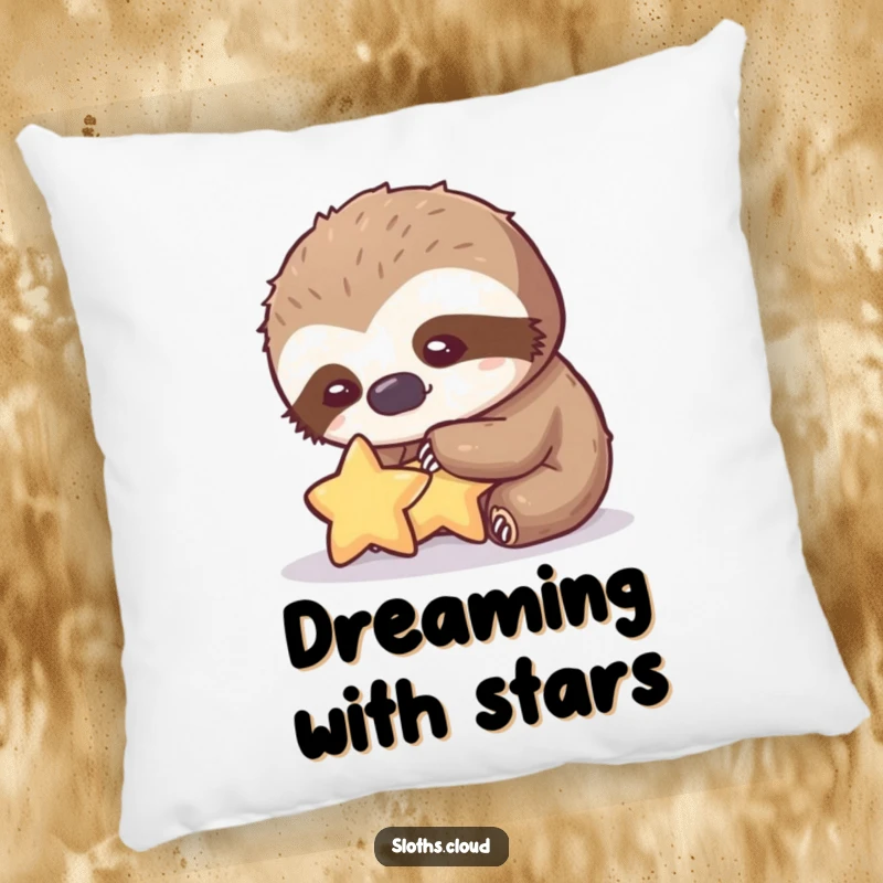 Funny pillow with a sloth gently petting a tiny star with a kind expression, ideal funny gift.